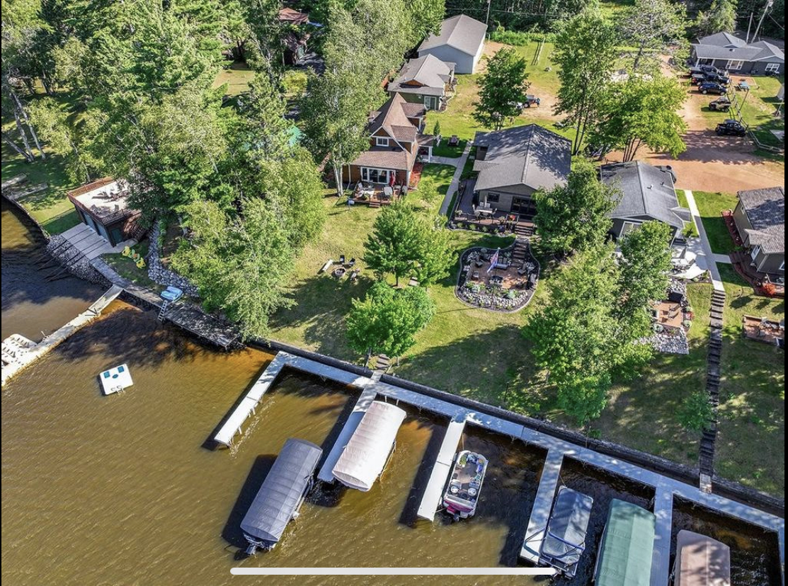 Aerial view of the docks and shoreline at Lake Nokomis