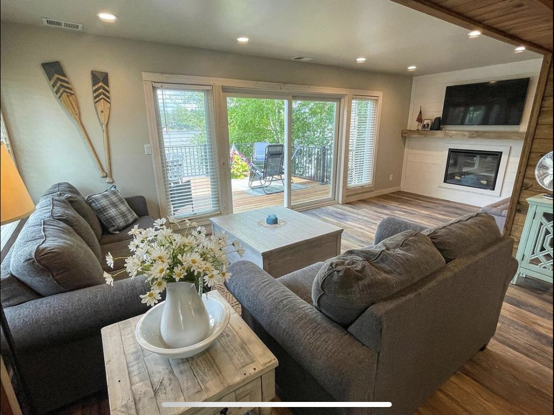 The cozy cabin living room with its fireplace